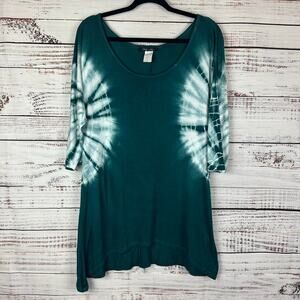 Y2K Only Nine Green Tie Dye Knit Dolman Elbow Sleeve Long Tunic T Shirt Womens L